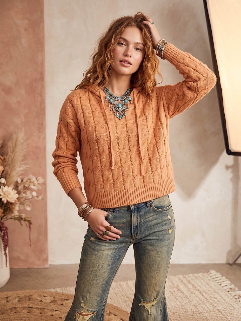 Anthropologie Monday to Sunday Camel Cable Knit Hoodie Sweater S